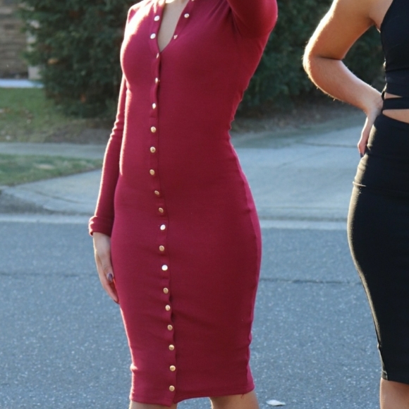 Fashion Nova| Maroon Red Long Sleeve Midi Button Up Dress With Button Detailing - Picture 7 of 15